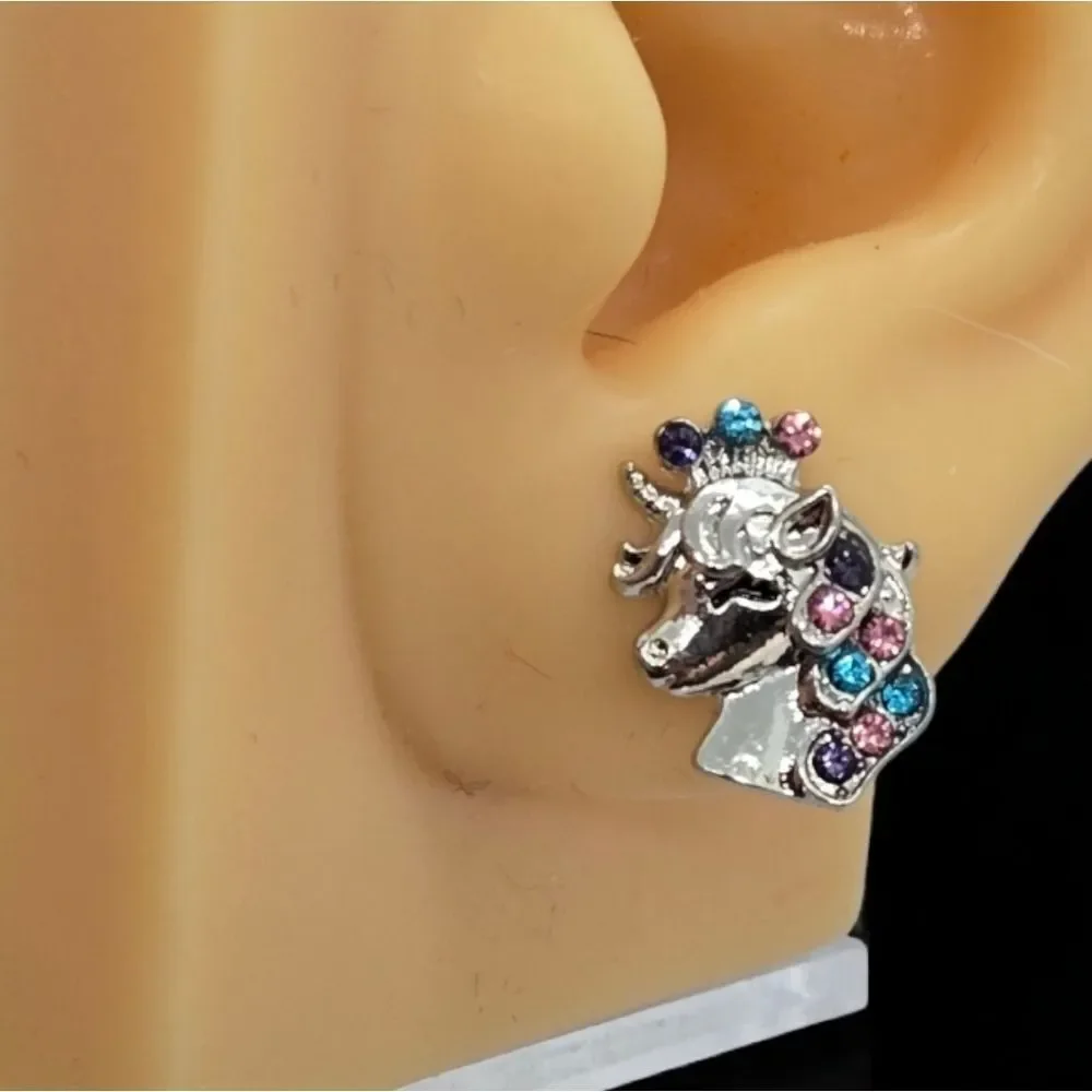 Unicorn Rhinestone Silver Earrings Sparkly Pierced Ears Fantasy Fashion Jewelry